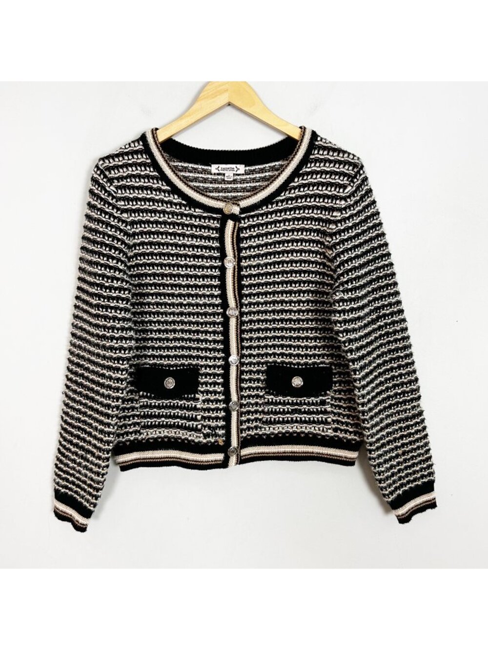 Nanette Lepore Lady Jacket Cardigan Sweater Black & Tan Classic Sz Medium Womens